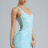 Embellished Lace-Up Mini Dress in Ice Blue