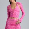 Embellished Cut-Out Halterneck Top in Bubblegum Pink