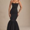 Tulle Hem Fishtail Gown in Black