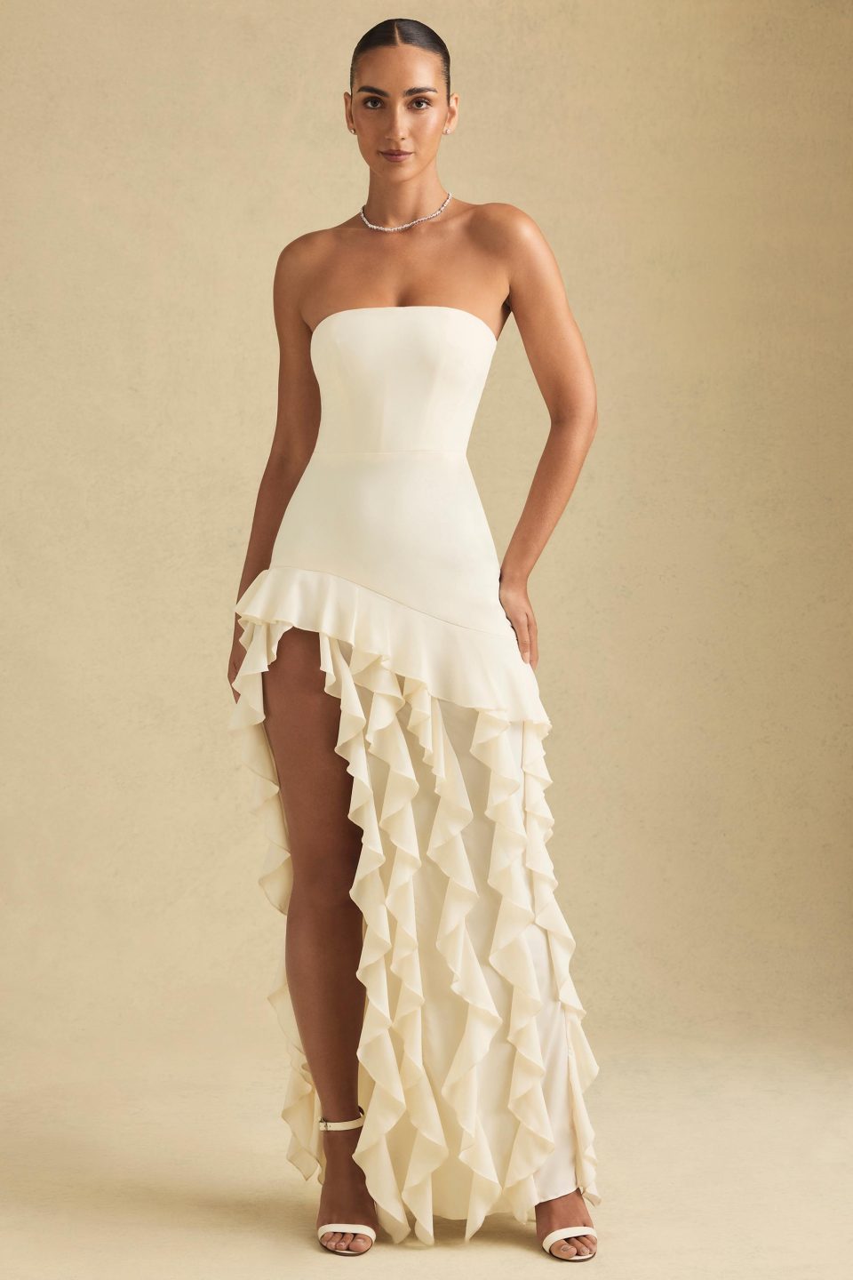 Ruffle-Trim Strapless Gown in Ivory