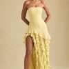Ruffle-Trim Strapless Gown in Pastel Yellow