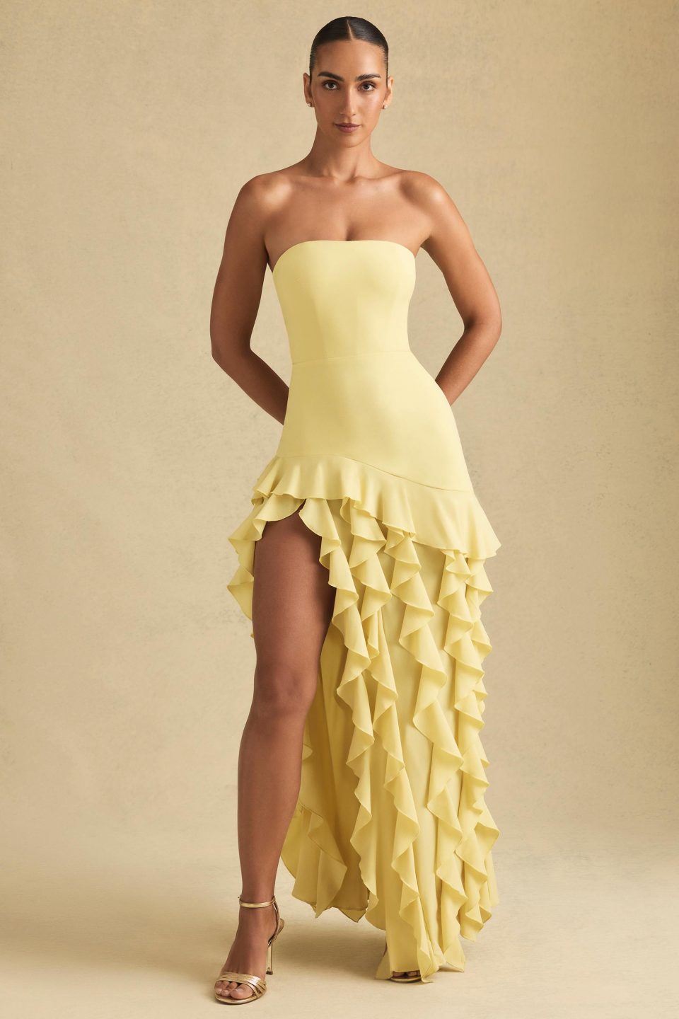 Ruffle-Trim Strapless Gown in Pastel Yellow