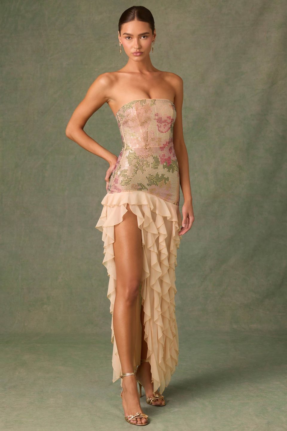 Embellished Ruffle-Trim Strapless Gown in Rose Hotfix