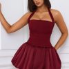 Halterneck Lace-Up Bubble Hem Corset Micro Mini Dress in Berry Red