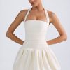 Halterneck Lace-Up Bubble Hem Corset Micro Mini Dress in Ivory
