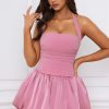 Halterneck Lace-Up Bubble Hem Corset Micro Mini Dress in Mauve