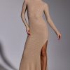 Embellished Long Sleeve Evening Gown in Gold