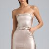 Metallic Denim Belted Strapless Mini Dress in Champagne