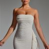 Embellished Ruffled Cowl-Neck Bandeau Mini Dress in White