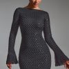 Embellished Open-Back A-Line Mini Dress in Black