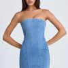 Bandeau Lace-Up Mini Dress in Mid Blue Stonewash