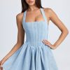 Halterneck Corset Micro Mini Dress in Light Blue Stonewash