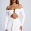 Hardware Detail Off-Shoulder Cut-Out Mini Dress in White