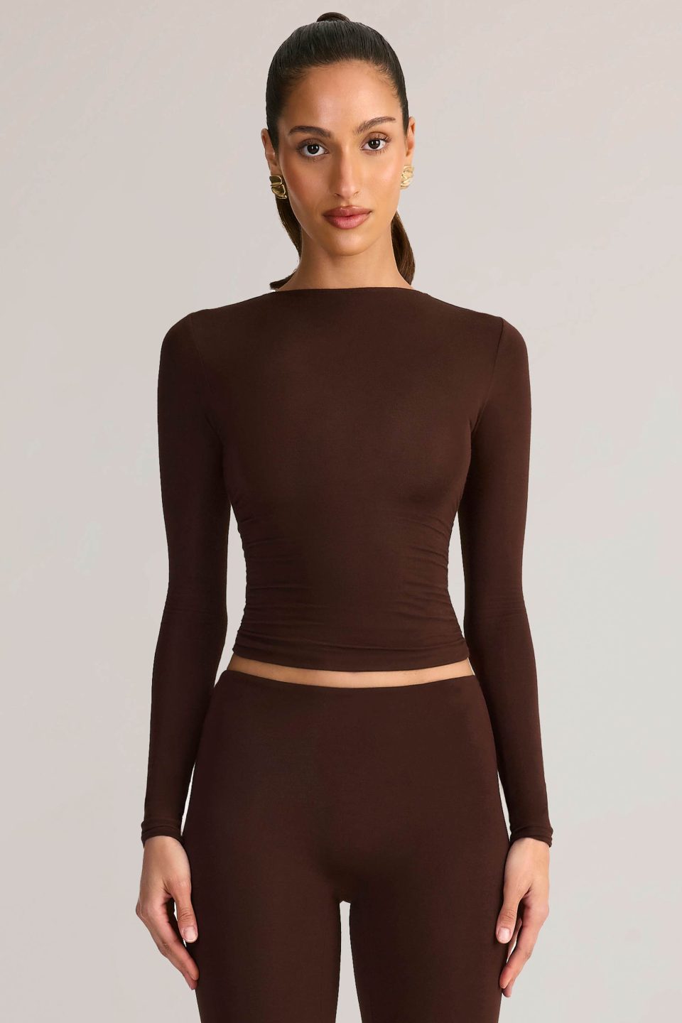 Modal Ruched Long-Sleeve Top in Chocolate Brown