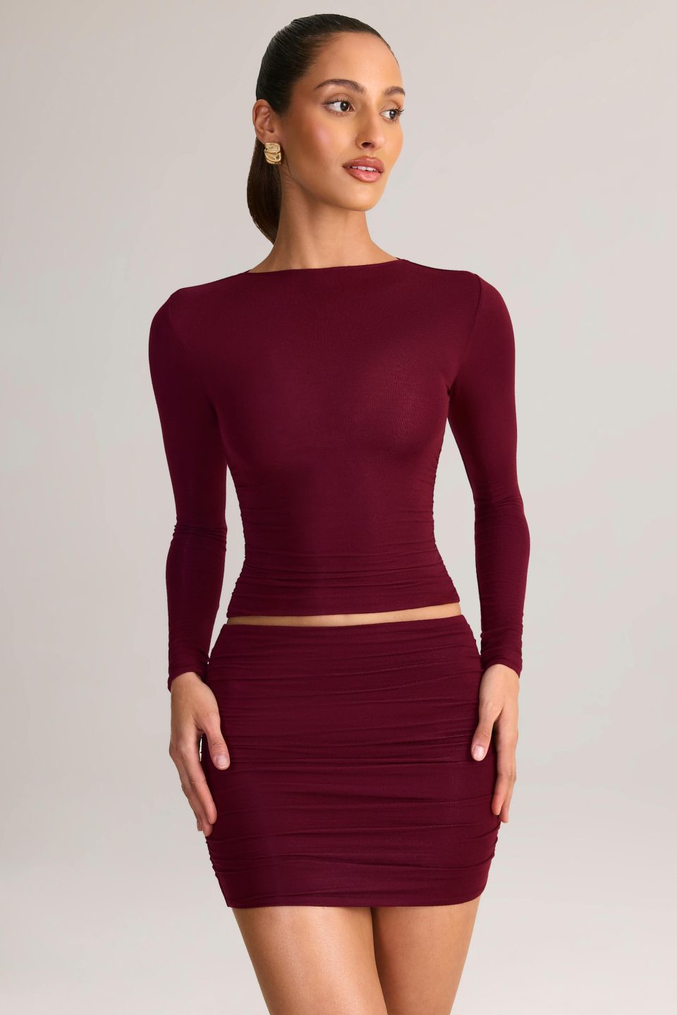 Modal Ruched Long-Sleeve Top in Wine