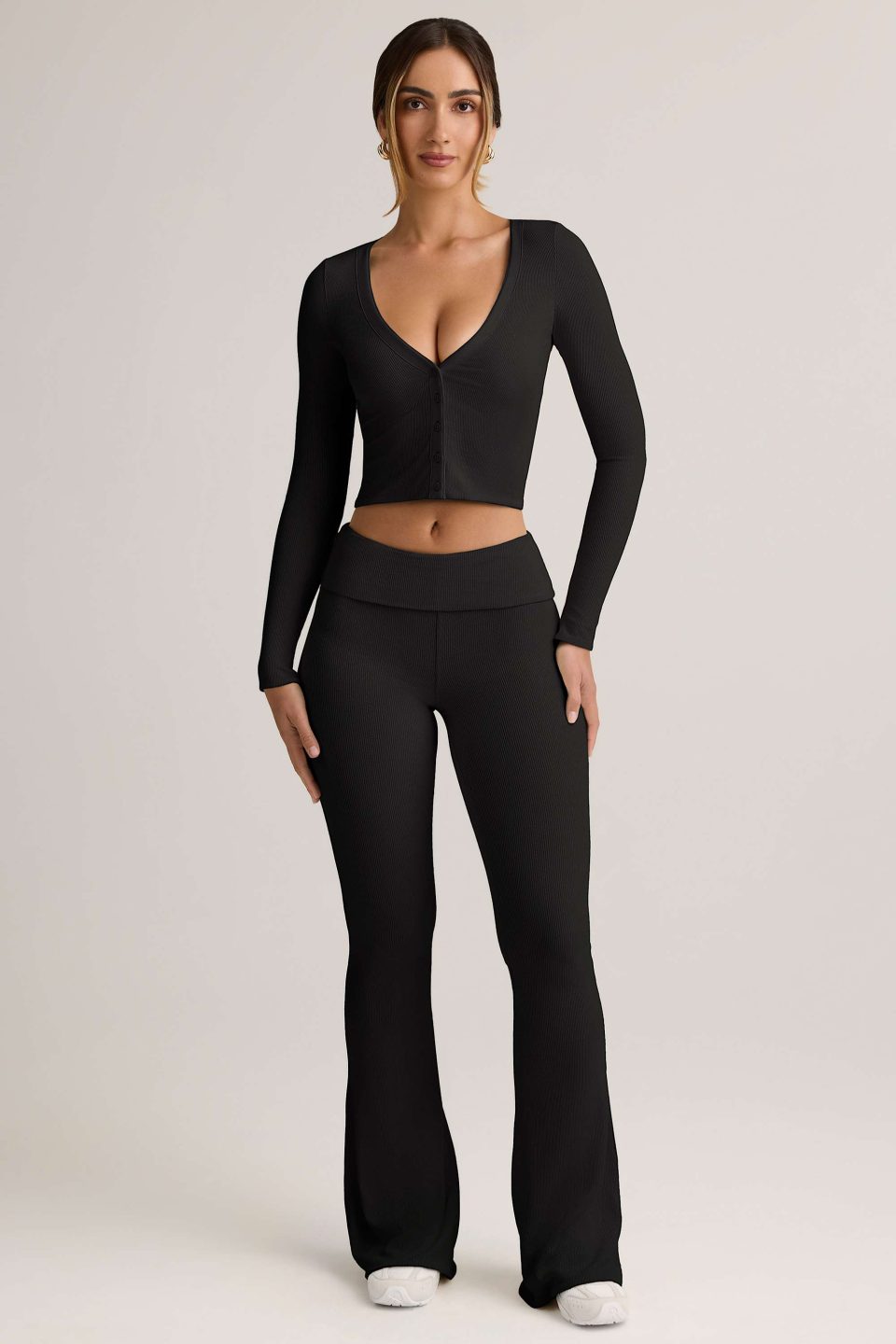 Modal Ribbed Foldover Flared Trousers in Black