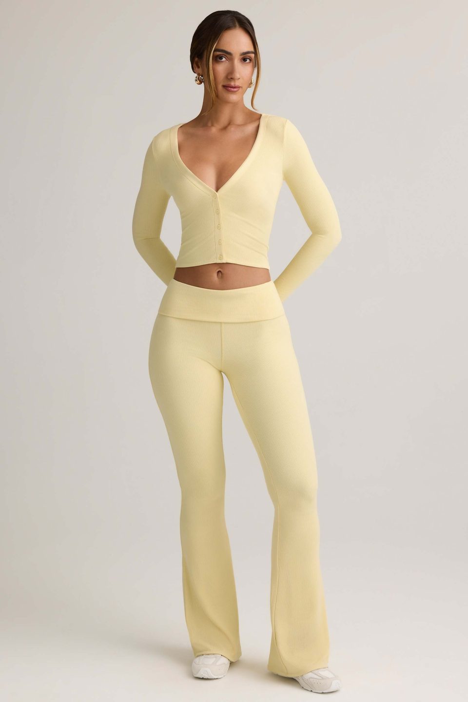 Modal Ribbed Foldover Flared Trousers in Buttercream Yellow