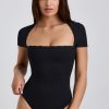 Ribbed Modal Lace-Trim Bodysuit in Black