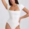 Ribbed Modal Lace-Trim Bodysuit in White