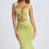 Ruched Hardware Detail Cut-Out Midaxi Dress in Olive Green