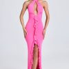 Ruffle-Trim Halterneck Gown in Lollipop Pink