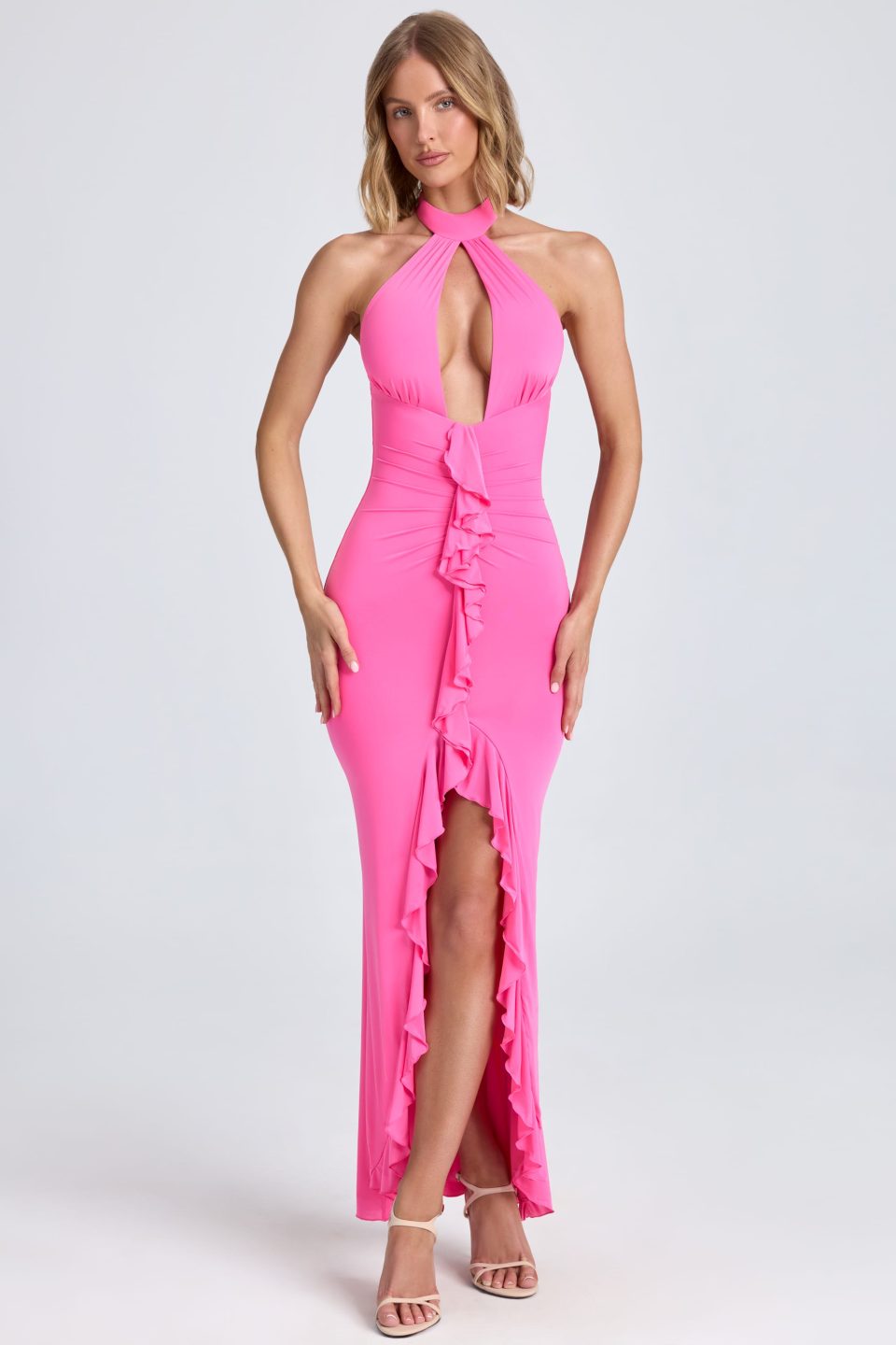 Ruffle-Trim Halterneck Gown in Lollipop Pink