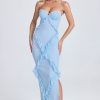 Plissé Ruffle-Trim Maxi Dress in Powder Blue