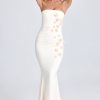 Draped Floral-Appliqué Maxi Dress in Ivory