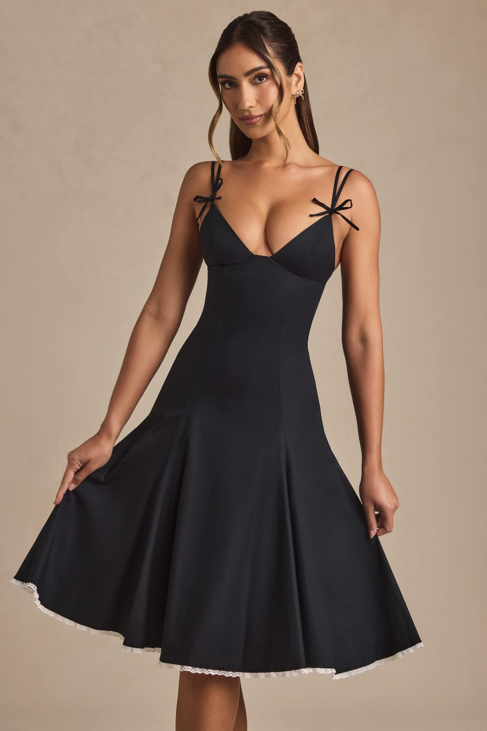 Bow-Detail A-Line Midi Dress in Black