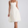 Bow-Detail Pleated A-Line Midi Dress in Ivory