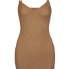 Soft Mesh V-Neck Mini Slip Dress in Almond