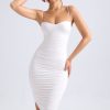Asymmetric Ruched Midi Dress in Ivory