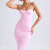 Asymmetric Ruched Midi Dress in Light Pink