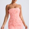 Floral-Appliqué Bandeau A-Line Mini Dress in Coral
