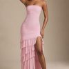 Bandeau Ruched Ruffle-Trim Maxi Dress in Blush