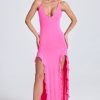 Ruched Ruffle-Trim Maxi Dress in Lollipop Pink