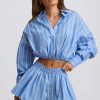 Cotton Poplin Stripe Multiway Cropped Shirt in Blue Stripe