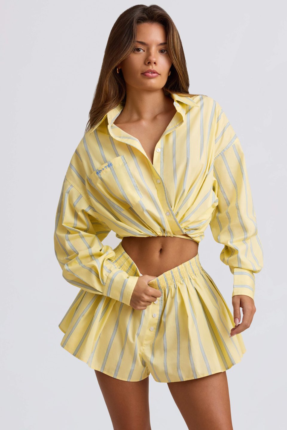 Cotton Poplin Stripe Multiway Cropped Shirt in Yellow Stripe