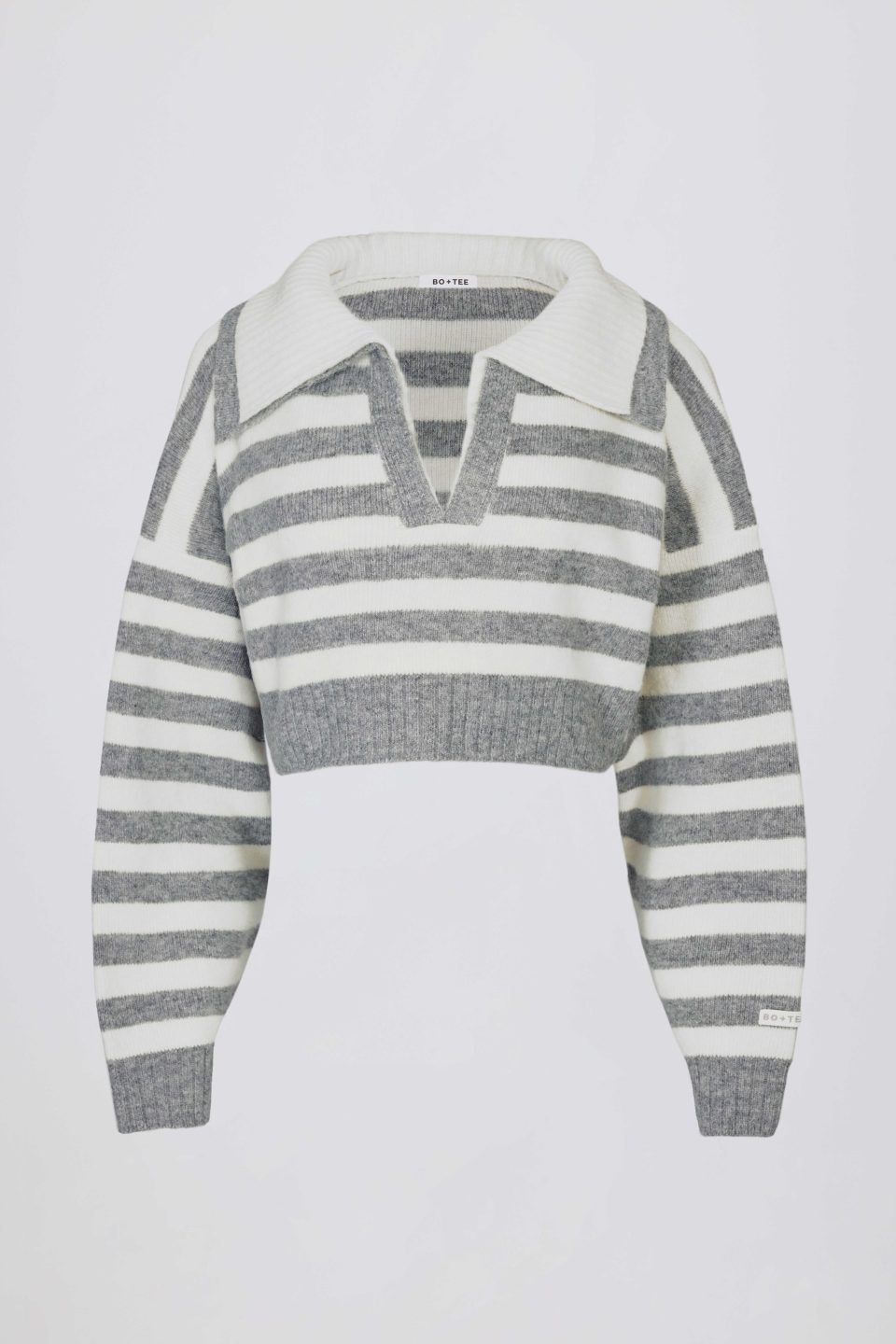 Soft Knit Layered Collar Cropped Jumper in Grey Stripe
