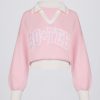 Cotton Jersey Oversized V-Neck Jumper in Powder Pink