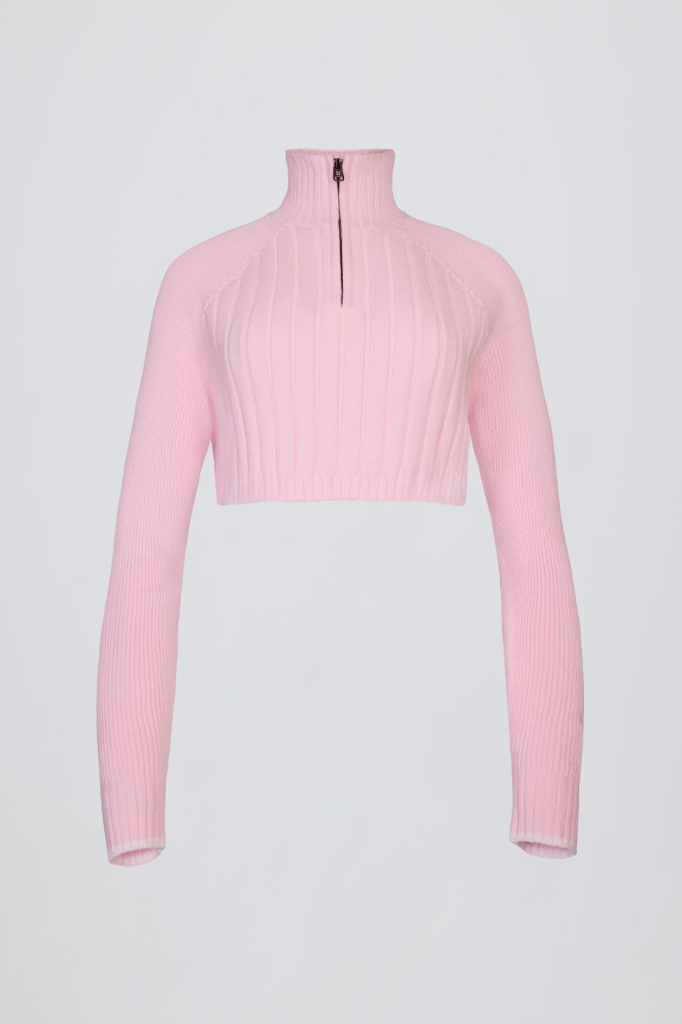 Ribbed Knit Quarter-Zip Cropped Jumper in Powder Pink