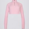 Ribbed Knit Quarter-Zip Cropped Jumper in Powder Pink