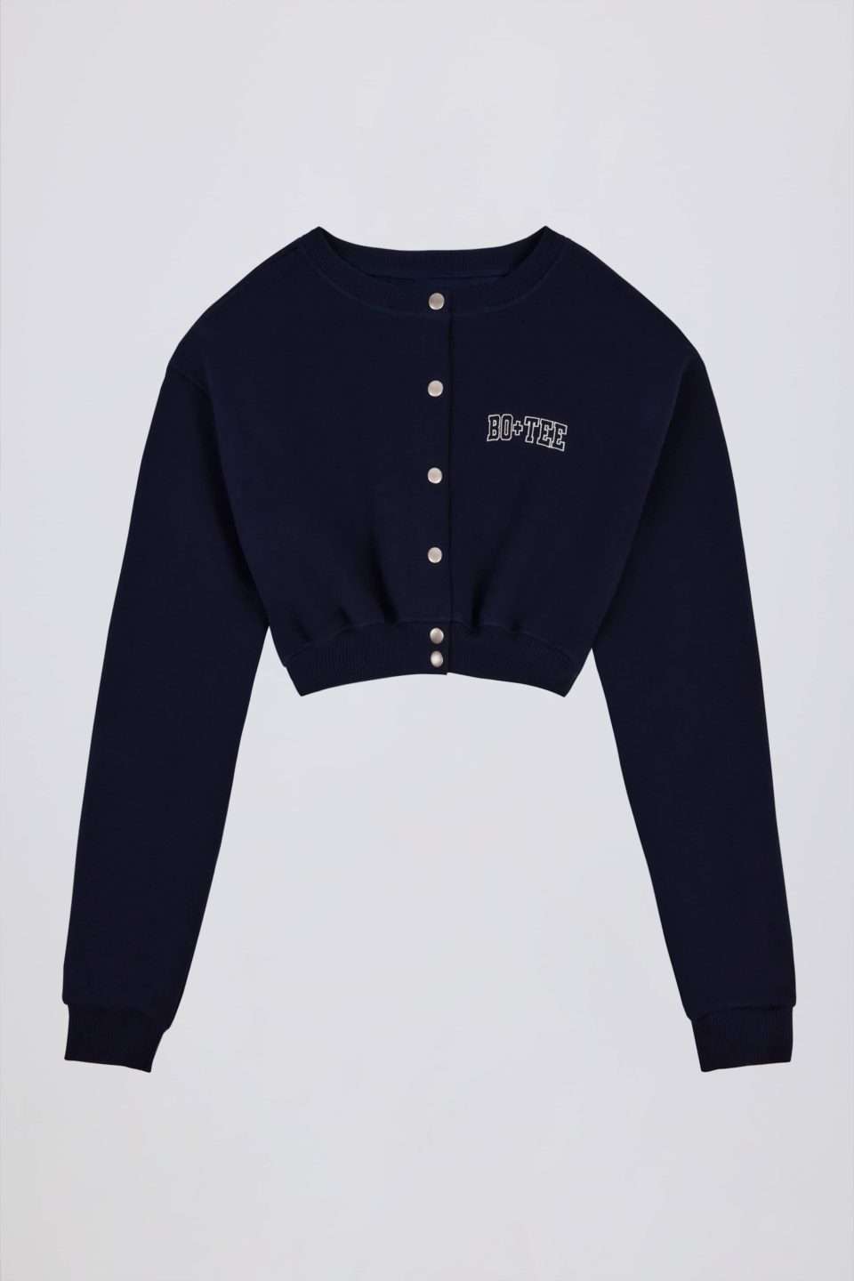 Premium Brushed Jersey Button-Up Cropped Cardigan in Classic Navy