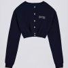 Premium Brushed Jersey Button-Up Cropped Cardigan in Classic Navy