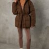 Mid Length Hooded Puffer Coat in Cocoa Brown