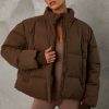 Cropped Puffer Jacket with Detachable Sleeves in Cocoa Brown