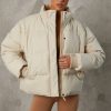 Cropped Puffer Jacket with Detachable Sleeves in Sand