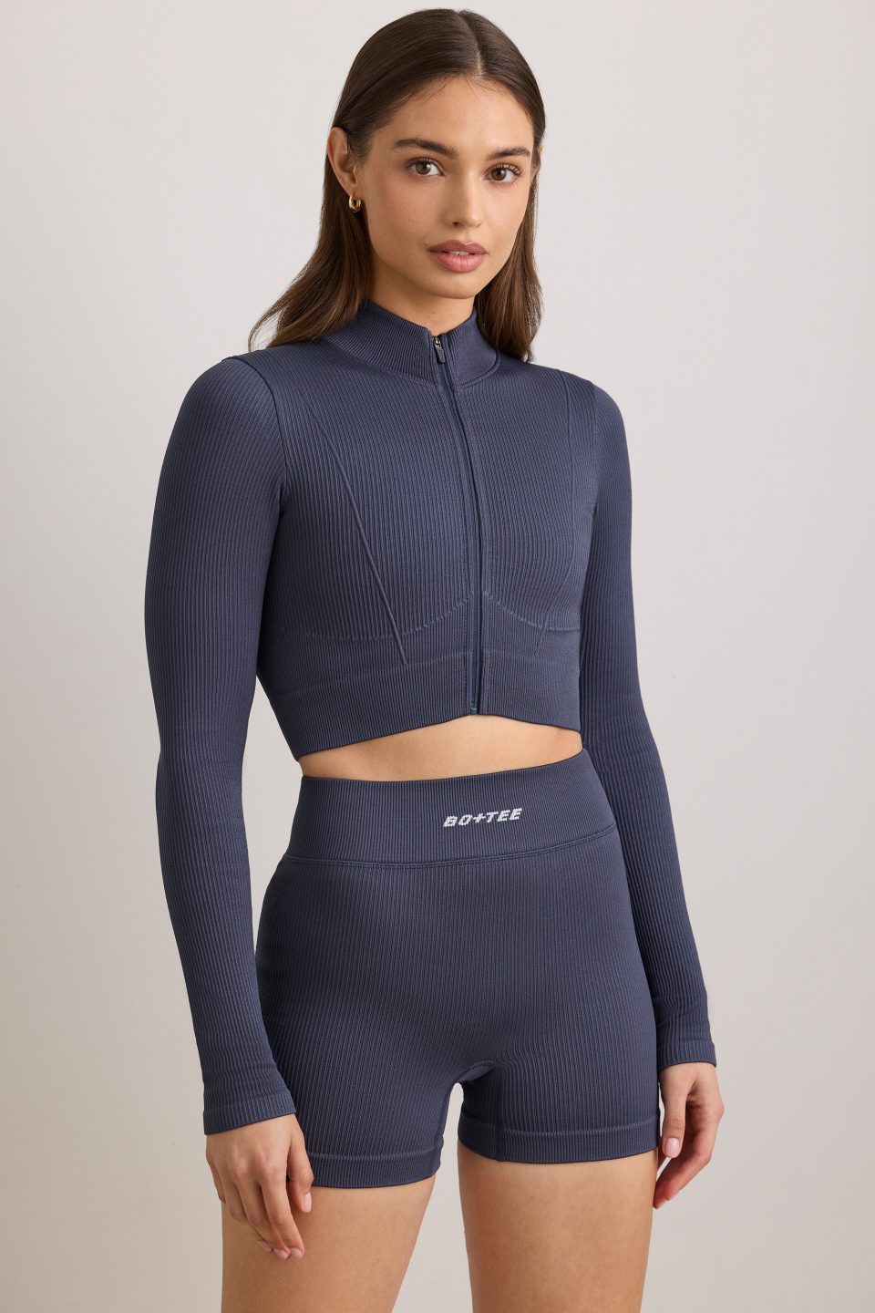 FlexiRib Zip-Up Cropped Jacket in Indigo Slate