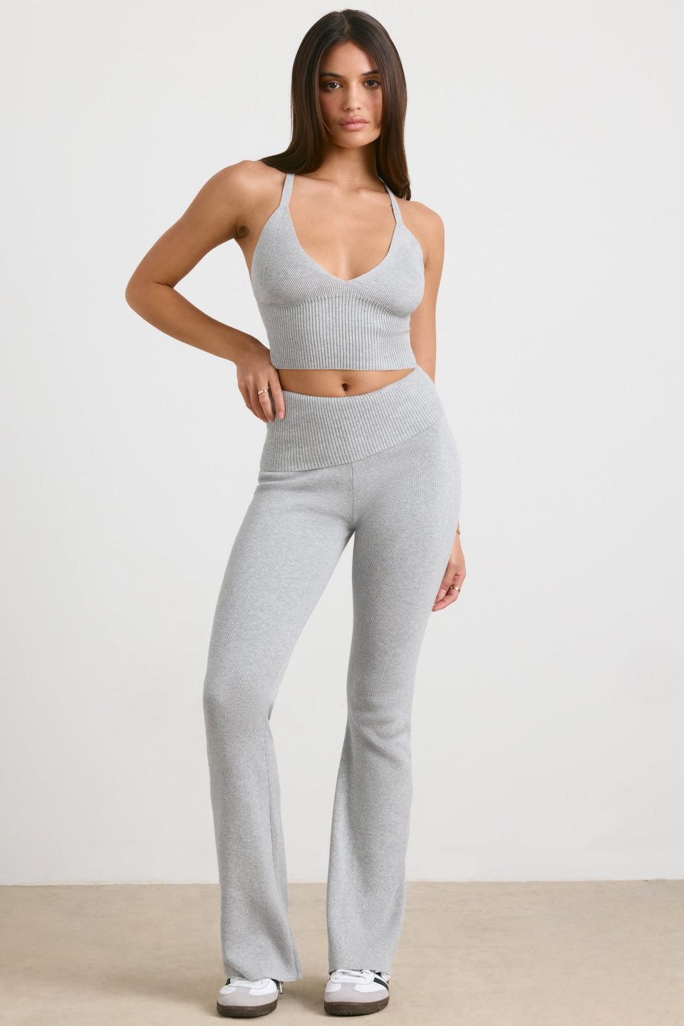 Chunky Knit Foldover Kick Flare Trousers in Grey Marl
