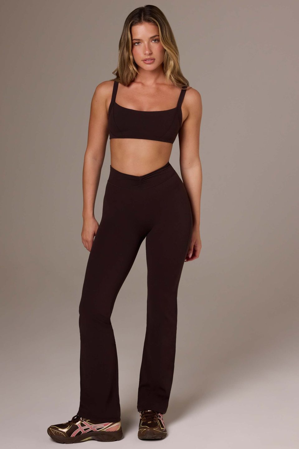 Soft Active Ruched Flared Trousers in Espresso